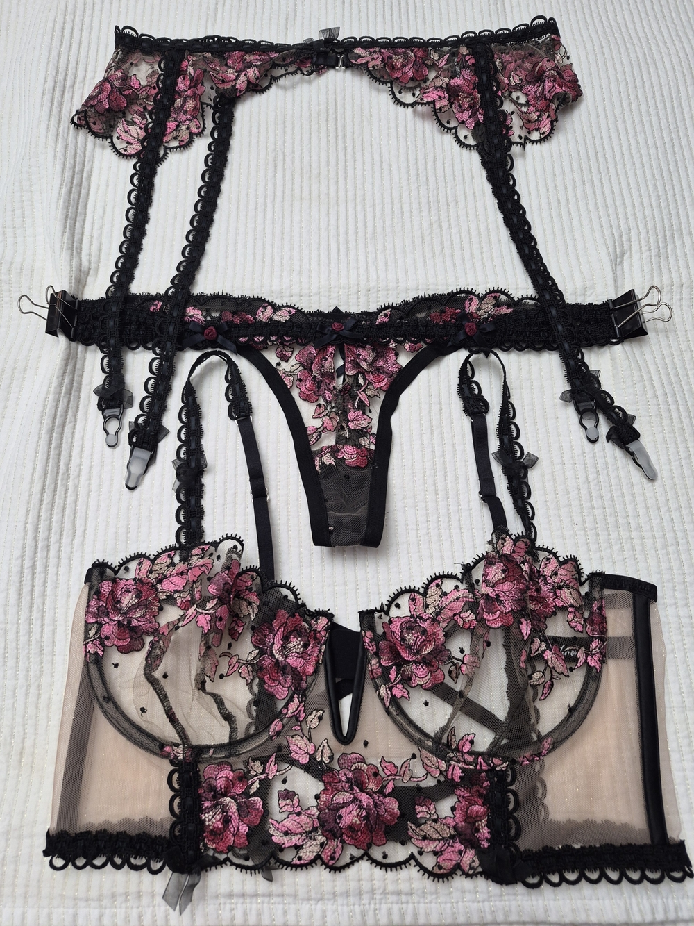 For Love And Lemons Black Sheer Bra & Garter Set with Pink Floral Embroidery